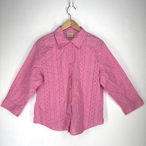 Vintage Eyelet Embroidery Button Shirt Women Large Pink Coquette Feminine Shabby
